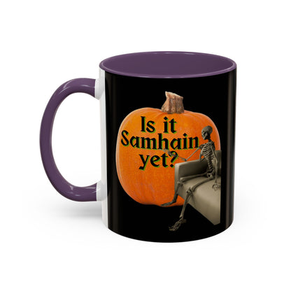 Is It Samhain Yet? Skeleton's Giant Pumpkin Black Accent Mug by CreepyCrafts.boo