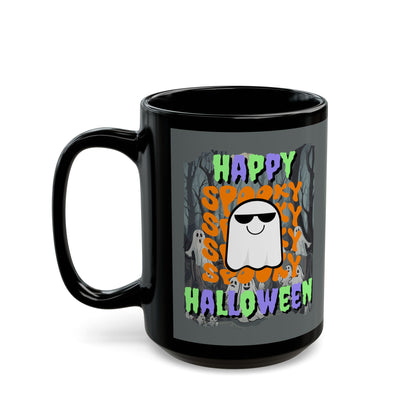 Spooky Happy Halloween Ghost Mixed font Grey Mug by CreepyCrafts.boo