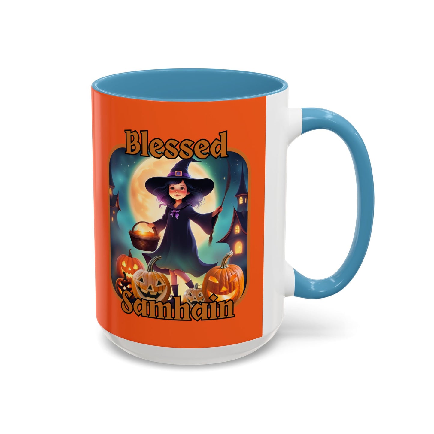 Blessed Samhain Little Witch Orange font Orange Accent Mug by CreepyCrafts.boo