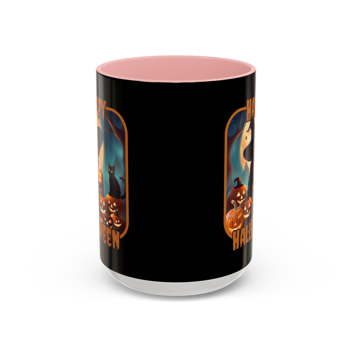 Happy Halloween Cute Witch Orange font Black Accent Mug by CreepyCrafts.boo