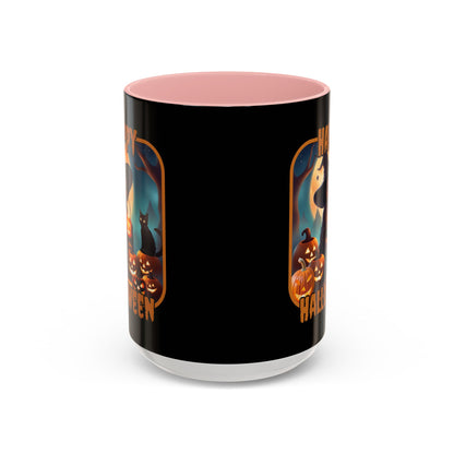 Happy Halloween Cute Witch Orange font Black Accent Mug by CreepyCrafts.boo