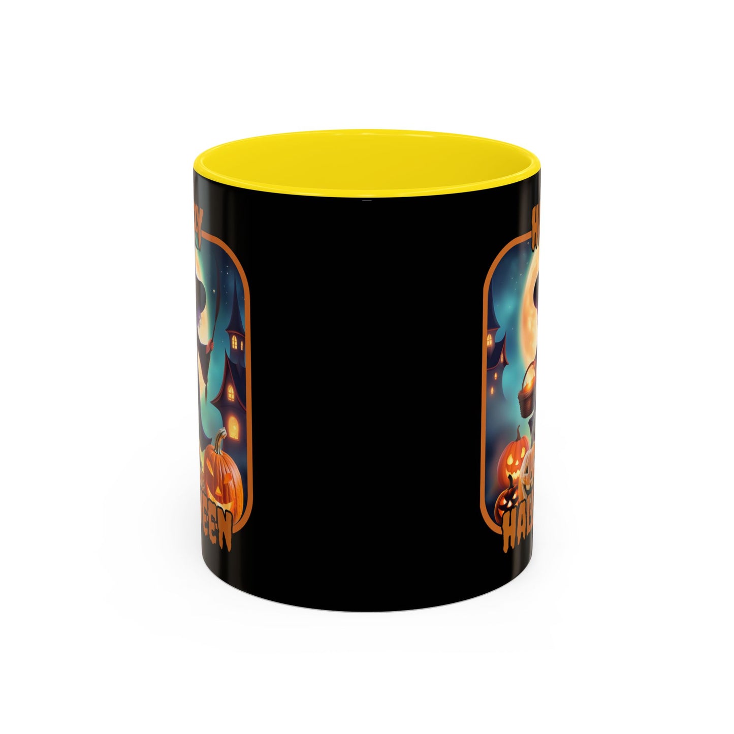 Happy Halloween Little Witch Orange font Black Accent Mug by CreepyCrafts.boo