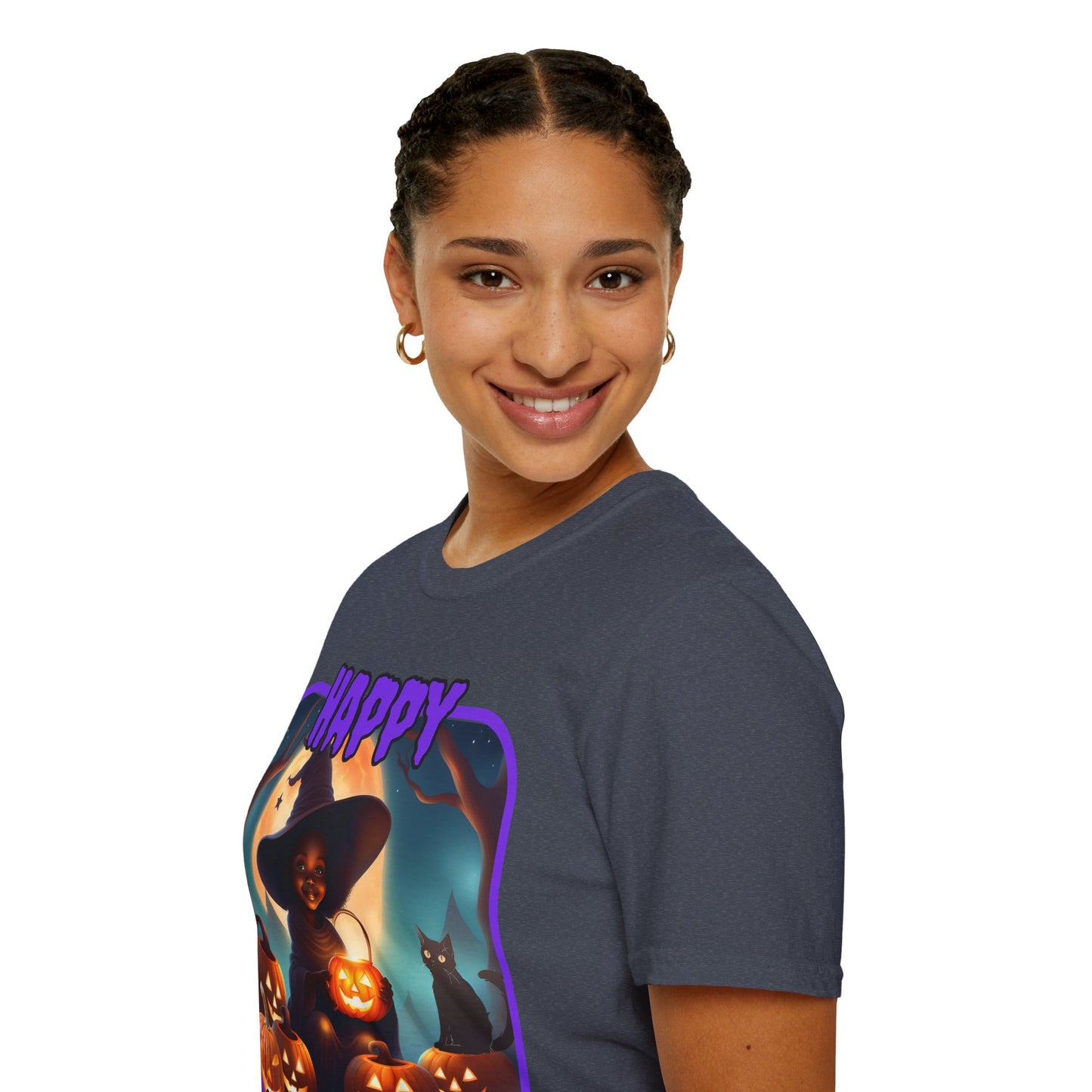 Happy Halloween Cute Witch Purple font Dark colors Unisex T-Shirt by CreepyCrafts.boo