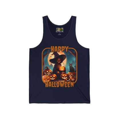 Happy Halloween Cute Witch Orange font Unisex Jersey Tank Top by CreepyCrafts.boo