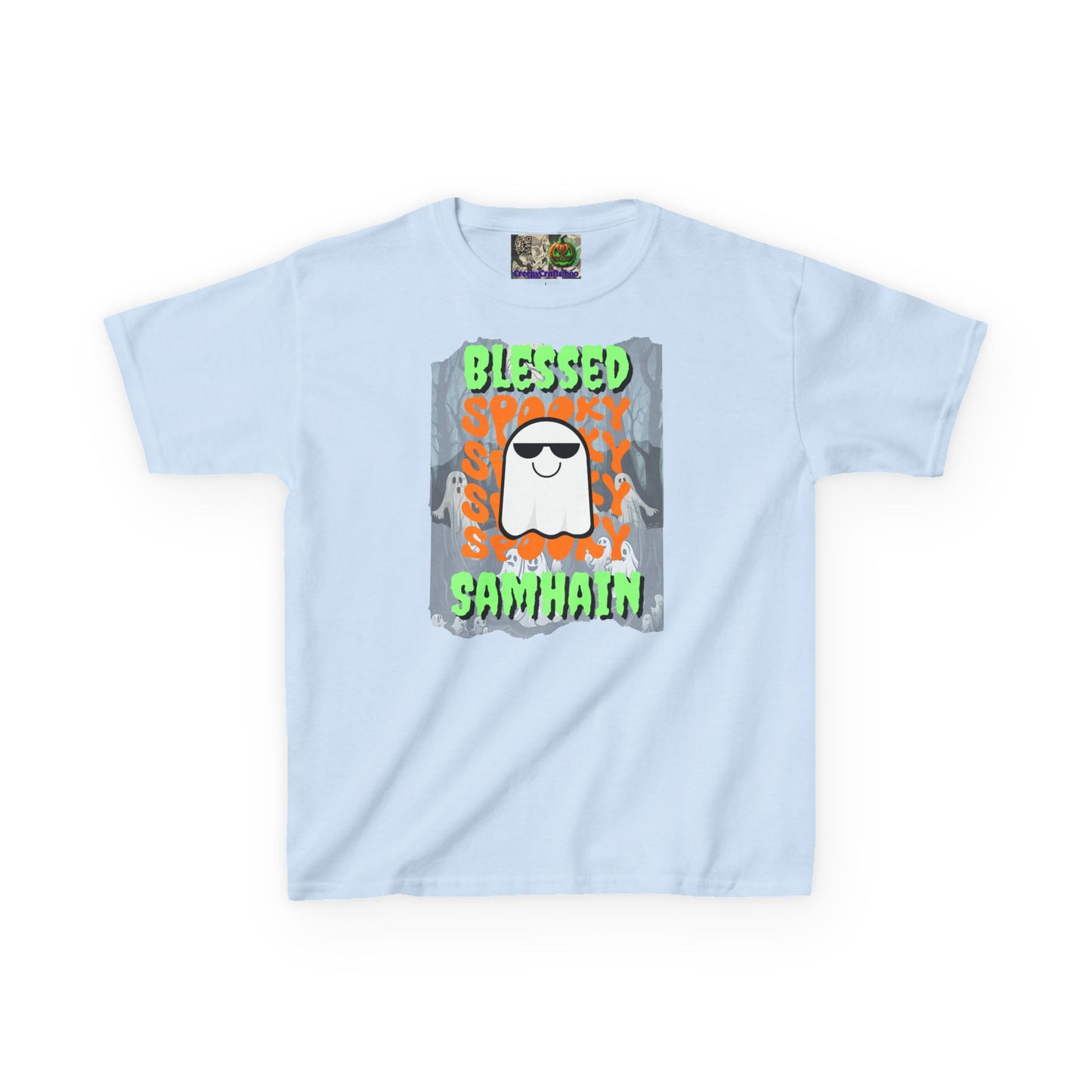 Spooky Blessed Samhain Ghost Green font Kids Heavy Cotton™ Tee by CreepyCrafts.boo