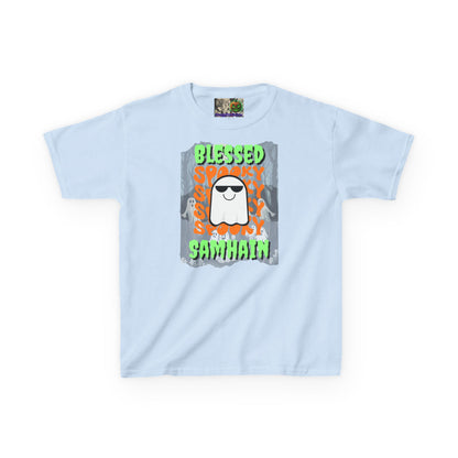Spooky Blessed Samhain Ghost Green font Kids Heavy Cotton™ Tee by CreepyCrafts.boo