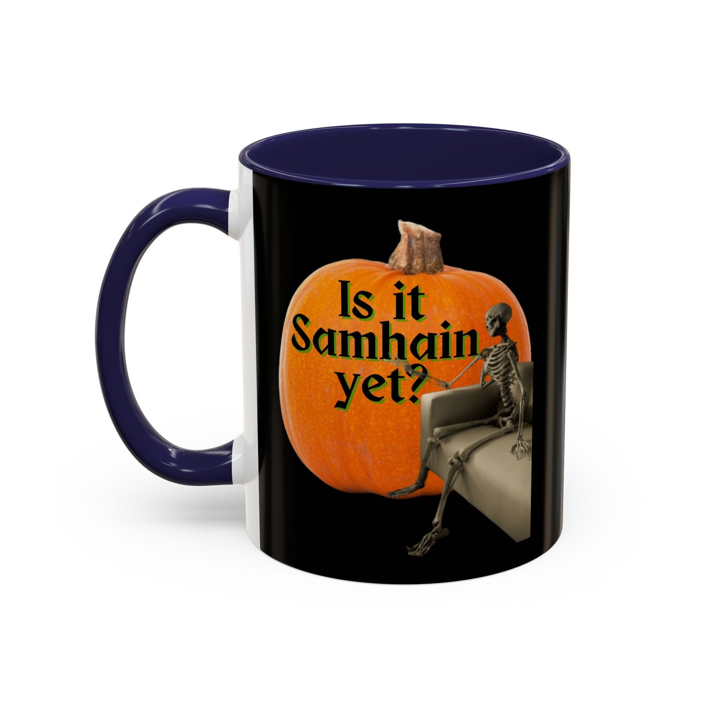 Is It Samhain Yet? Skeleton's Giant Pumpkin Black Accent Mug by CreepyCrafts.boo