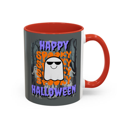 Spooky Happy Halloween Ghost Purple font Grey Accent Mug by CreepyCrafts.boo