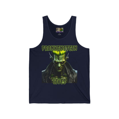 Frankenstein Lives Unisex Jersey Tank Top by CreepyCrafts.boo