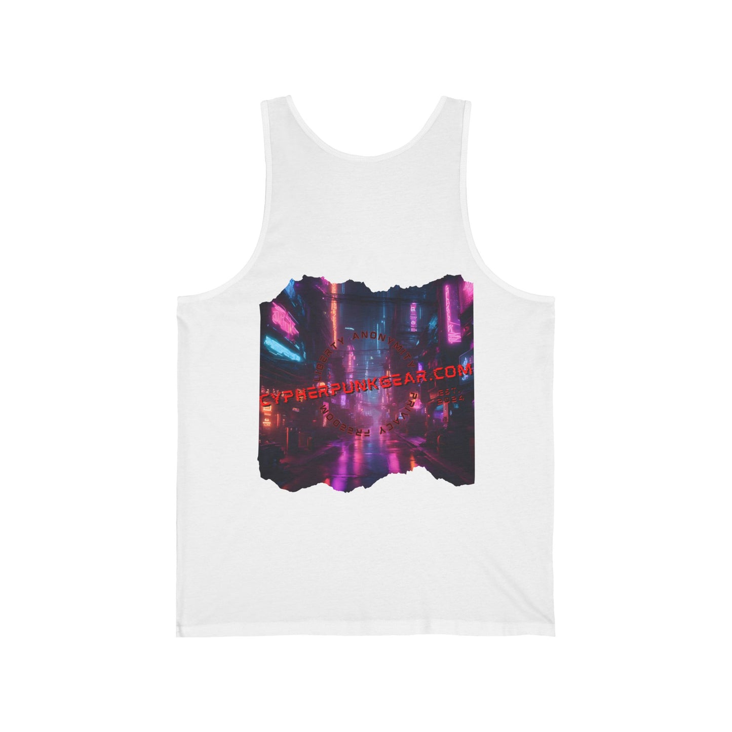 2-sided, cypherpunkgear.com Logo & Cityscape Unisex Jersey Tank Top by cypherpunkgear.com