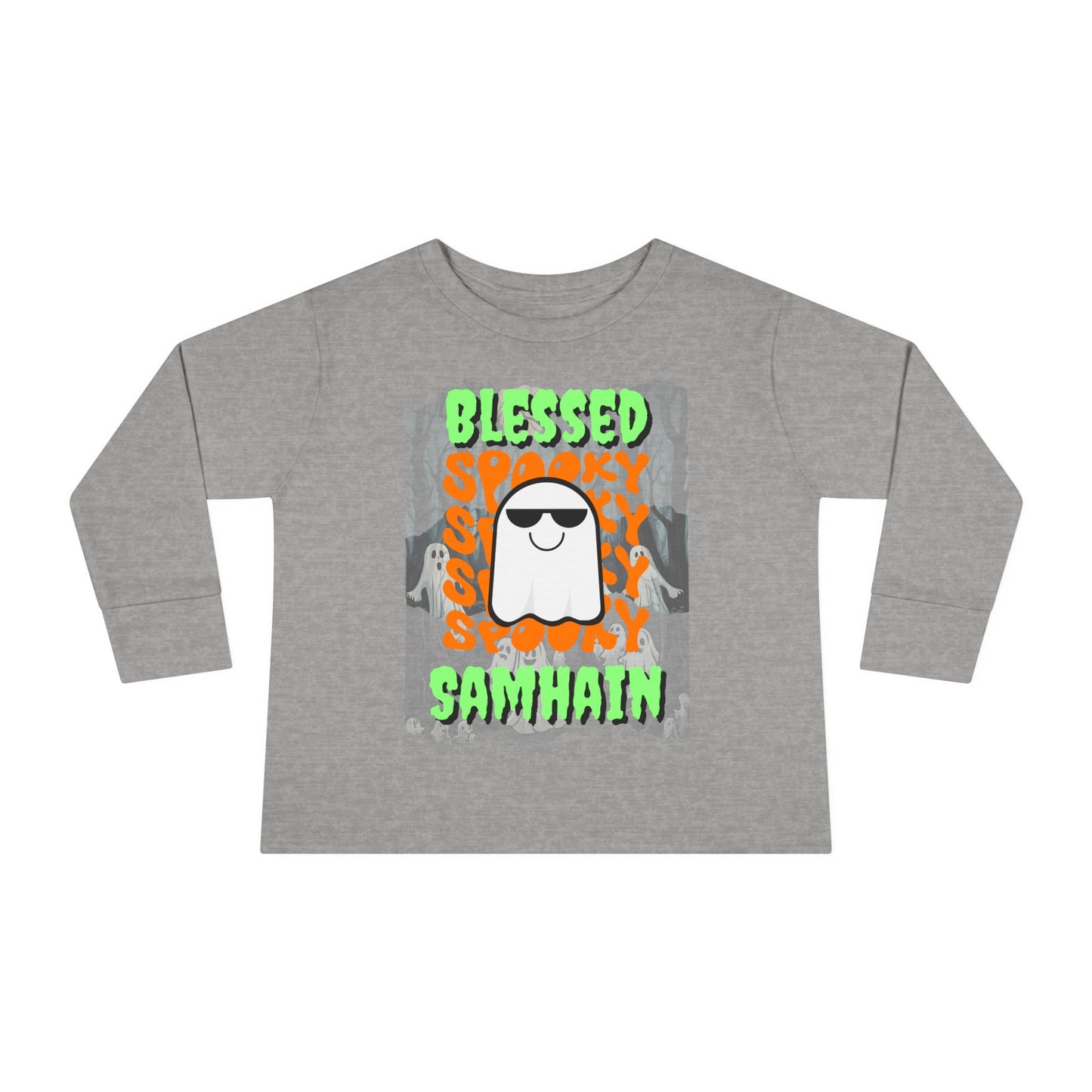 Spooky Blessed Samhain Ghost Green font Toddler Long Sleeve Tee by CreepyCrafts.boo