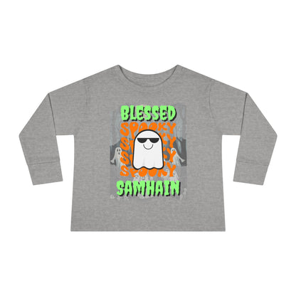 Spooky Blessed Samhain Ghost Green font Toddler Long Sleeve Tee by CreepyCrafts.boo