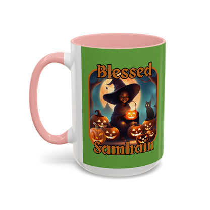 Blessed Samhain Cute Witch Orange font Green Accent Mug by CreepyCrafts.boo