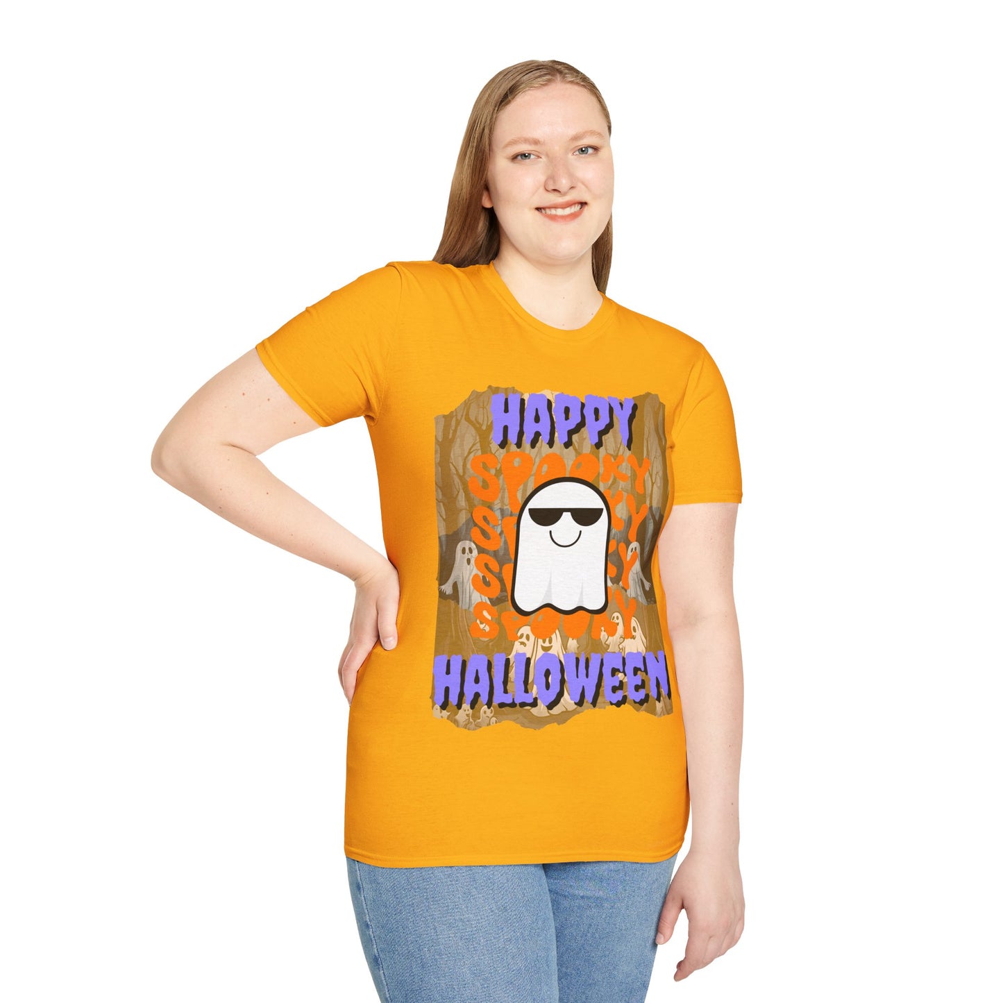Spooky Happy Halloween Ghost Light colors Purple font Unisex T-Shirt by CreepyCrafts.boo