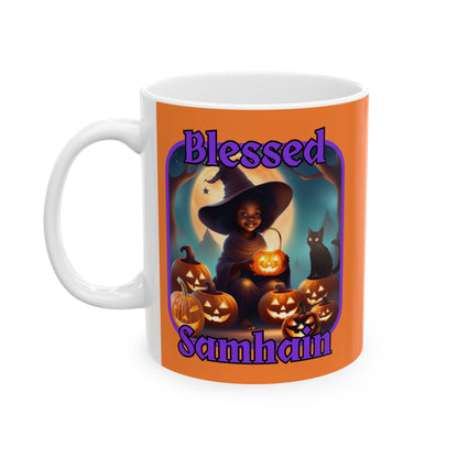 Blessed Samhain Cute Witch PRfont Orange Mug by cypherpunkgear