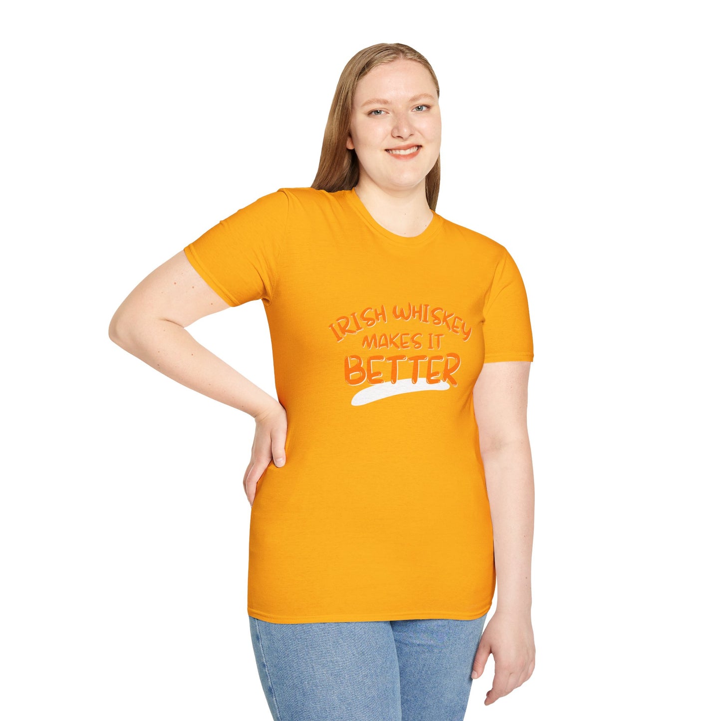 Irish Whiskey makes it better Orange font Light colors Unisex T-Shirt by cypherpunkgear.com