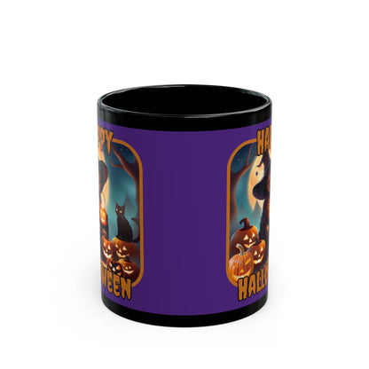 Happy Halloween Cute Witch Orange font Purple Mug by CreepyCrafts.boo