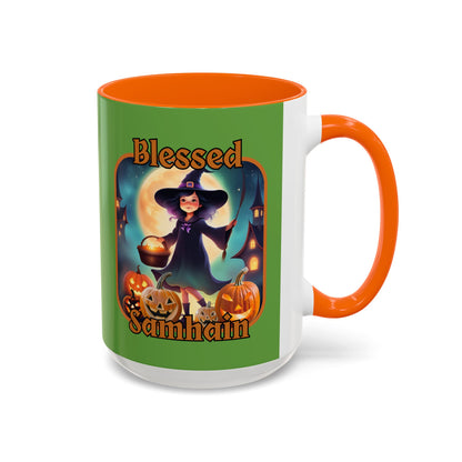 Blessed Samhain Little Witch Orange font Green Accent Mug by CreepyCrafts.boo