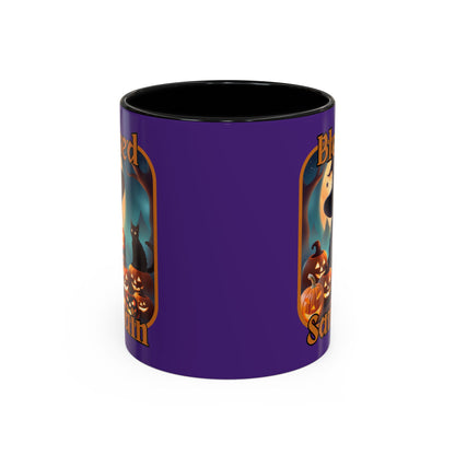 Blessed Samhain Cute Witch Orange font Purple Accent Mug by CreepyCrafts.boo