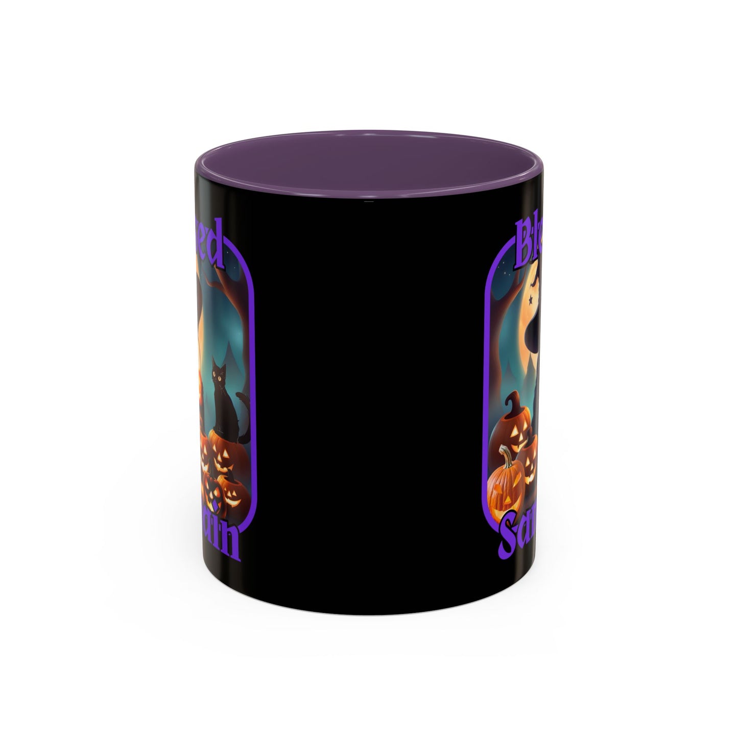 Blessed Samhain Cute Witch Purple font Black Accent Mug by CreepyCrafts.boo