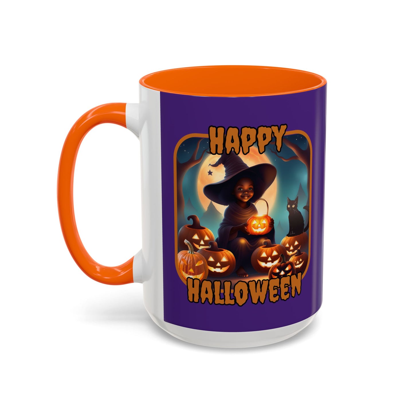 Happy Halloween Cute Witch Orange font Purple Accent Mug by CreepyCrafts.boo