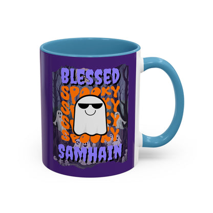 Spooky Blessed Samhain Ghost Purple font Accent Mug by CreepyCrafts.boo