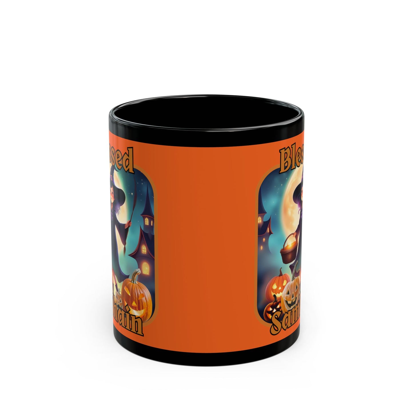 Blessed Samhain Little Witch Orange font Orange Mug by CreepyCrafts.boo