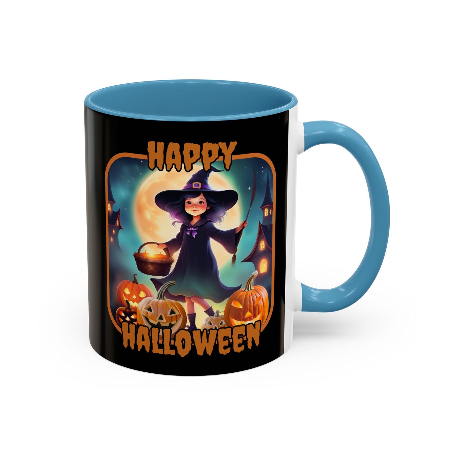 Happy Halloween Little Witch Orange font Black Accent Mug by CreepyCrafts.boo
