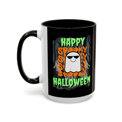 Spooky Happy Halloween Ghost Green font Black Accent Mug by CreepyCrafts.boo