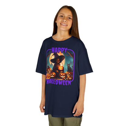 Happy Halloween Cute Witch Purple font Kids Heavy Cotton™ Tee by CreepyCrafts.boo