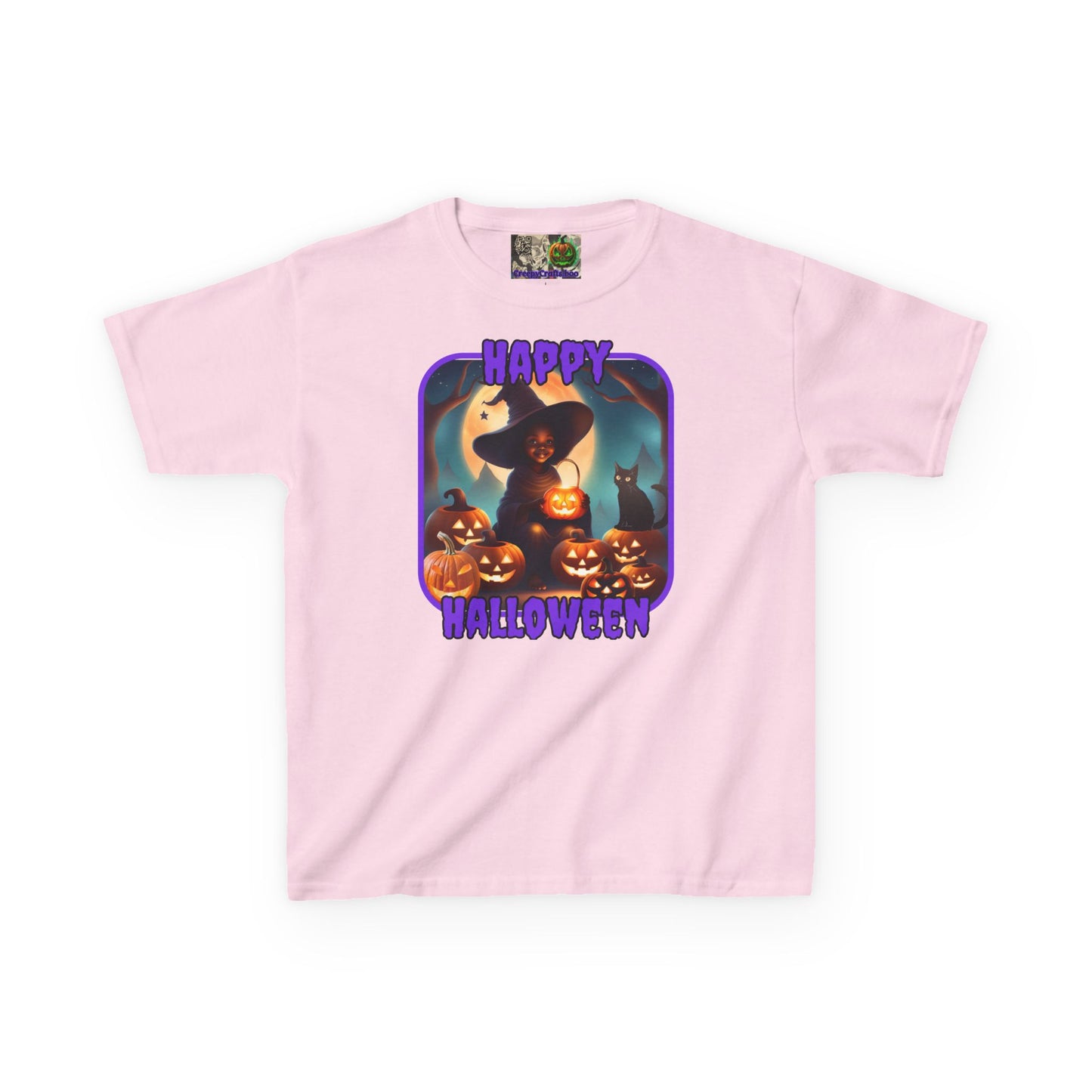 Happy Halloween Cute Witch Purple font Kids Heavy Cotton™ Tee by CreepyCrafts.boo