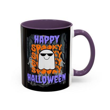Spooky Happy Halloween Ghost Purple font Black Accent Mug by CreepyCrafts.boo