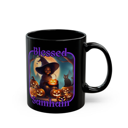 Blessed Samhain Cute Witch PRfont Black Mug by cypherpunkgear