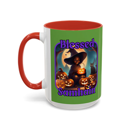 Blessed Samhain Cute Witch Purple font Green Accent Mug by CreepyCrafts.boo
