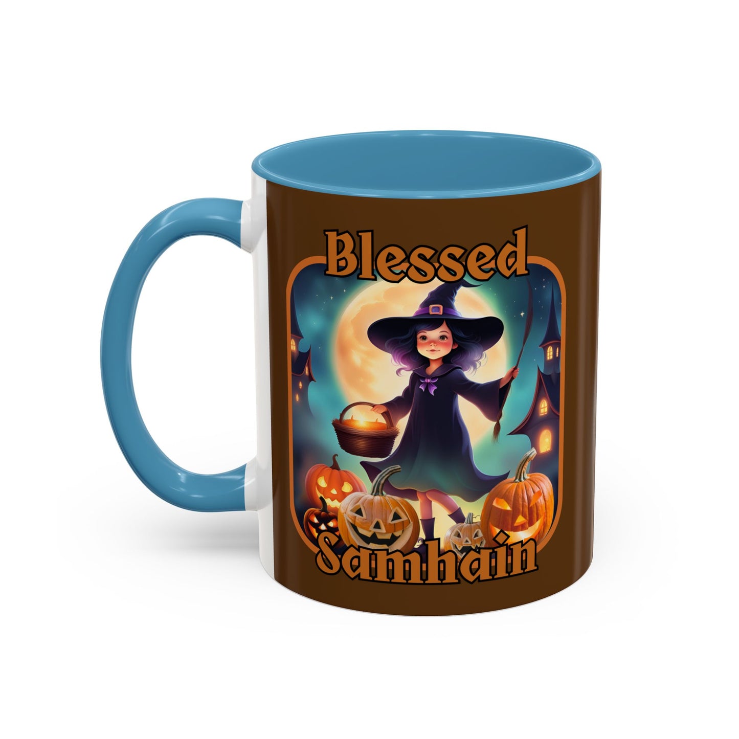 Blessed Samhain Little Witch Orange font Brown Accent Mug by CreepyCrafts.boo