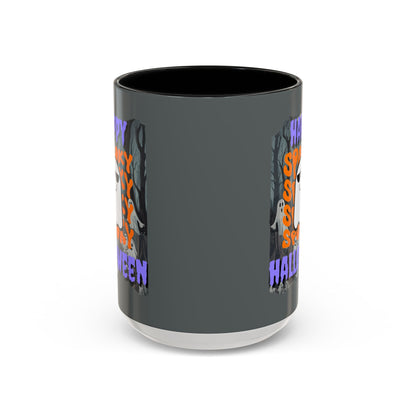 Spooky Happy Halloween Ghost Purple font Grey Accent Mug by CreepyCrafts.boo