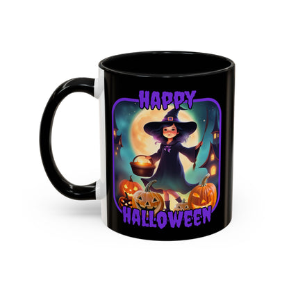 Happy Halloween Little Witch Purple font Black Accent Mug by CreepyCrafts.boo