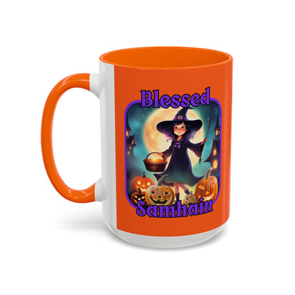 Blessed Samhain Little Witch Purple font Orange Accent Mug by CreepyCrafts.boo