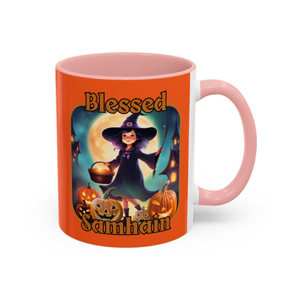 Blessed Samhain Little Witch Orange font Orange Accent Mug by CreepyCrafts.boo