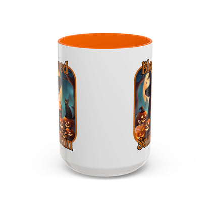 Blessed Samhain Cute Witch Orange font White Accent Mug by CreepyCrafts.boo