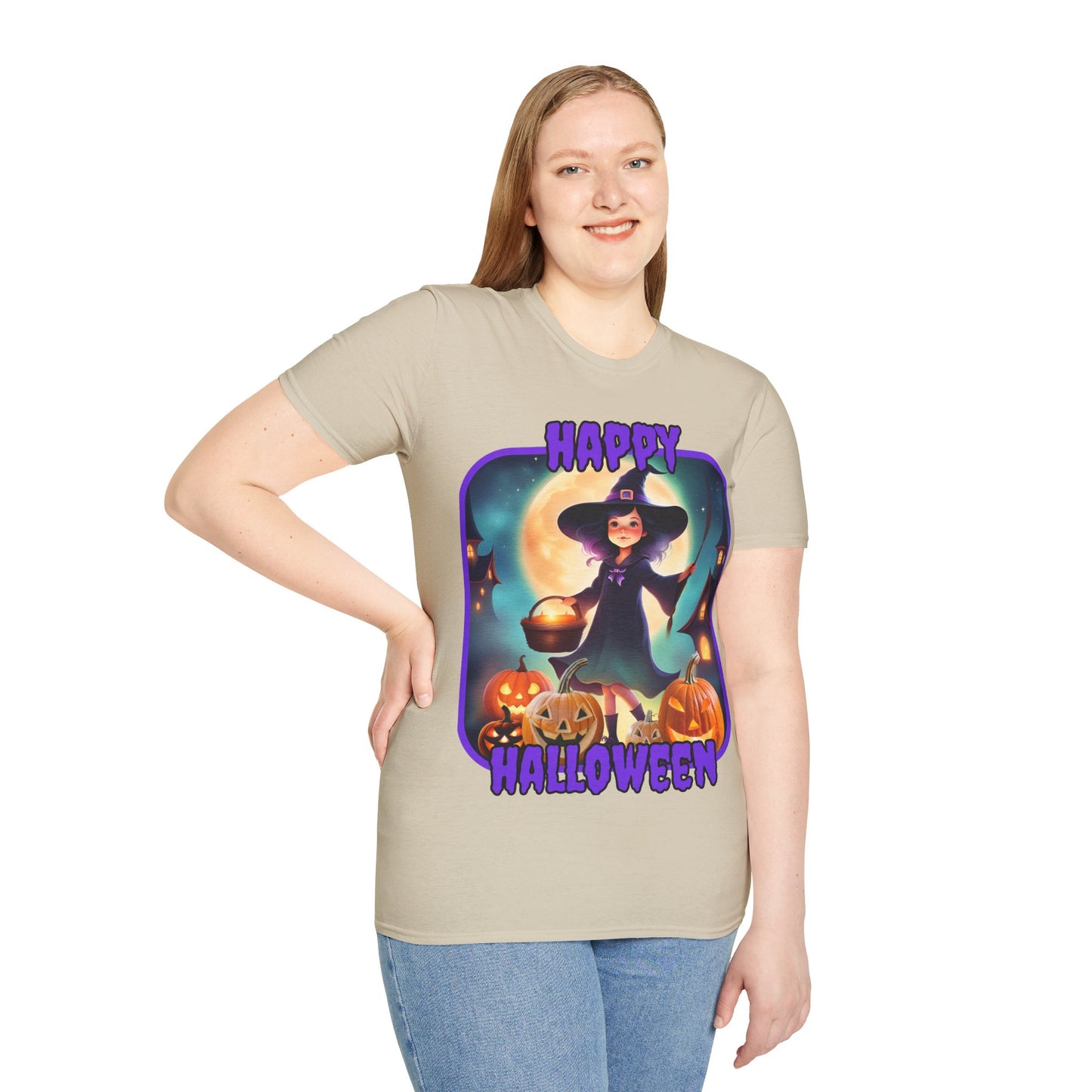 Happy Halloween Little Witch Purple font, Light colors, Unisex T-Shirt by CreepyCrafts.boo