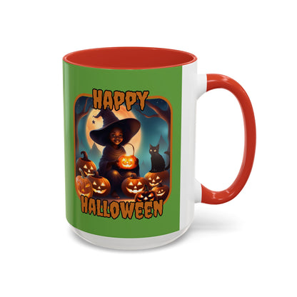 Happy Halloween Cute Witch Orange font Green Accent Mug by CreepyCrafts.boo