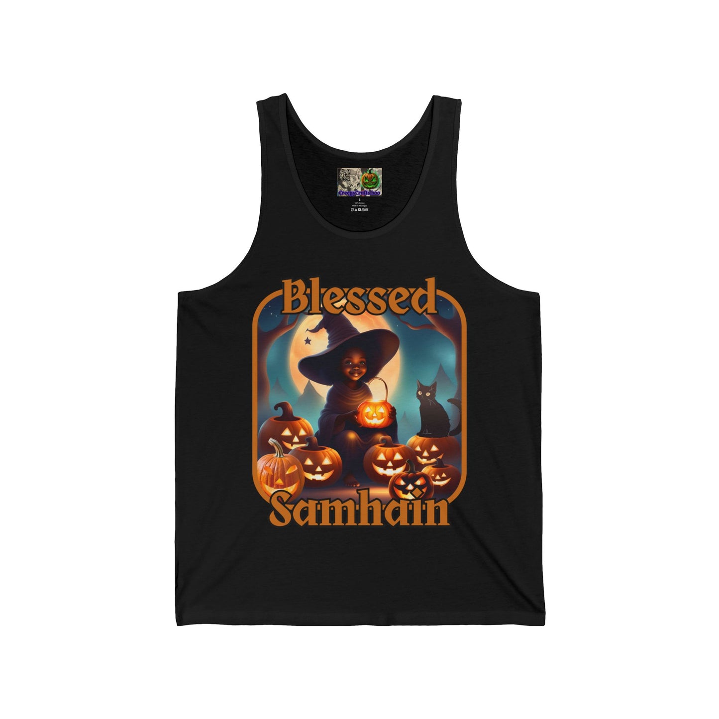 Blessed Samhain Cute Witch Orange font Unisex Jersey Tank Top by CreepyCrafts.boo