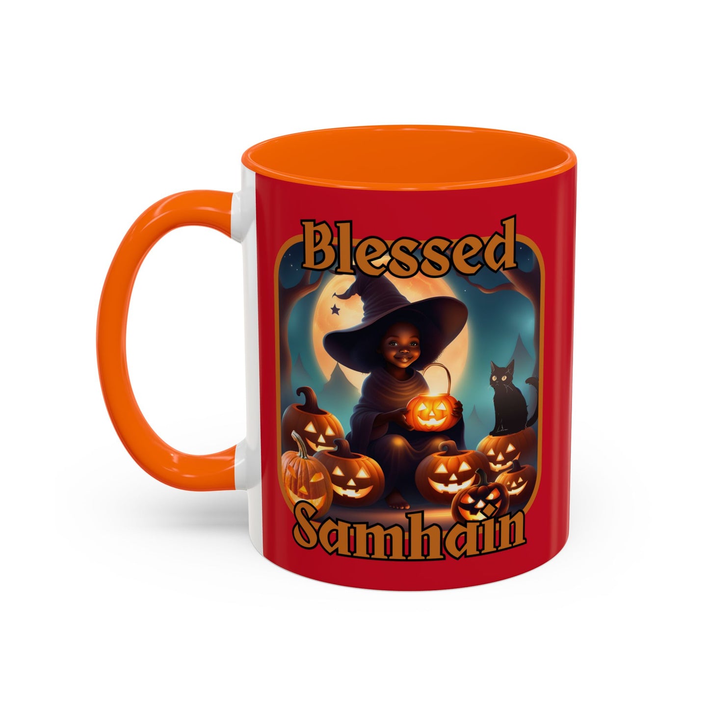 Blessed Samhain Cute Witch Orange font Red Accent Mug by CreepyCrafts.boo