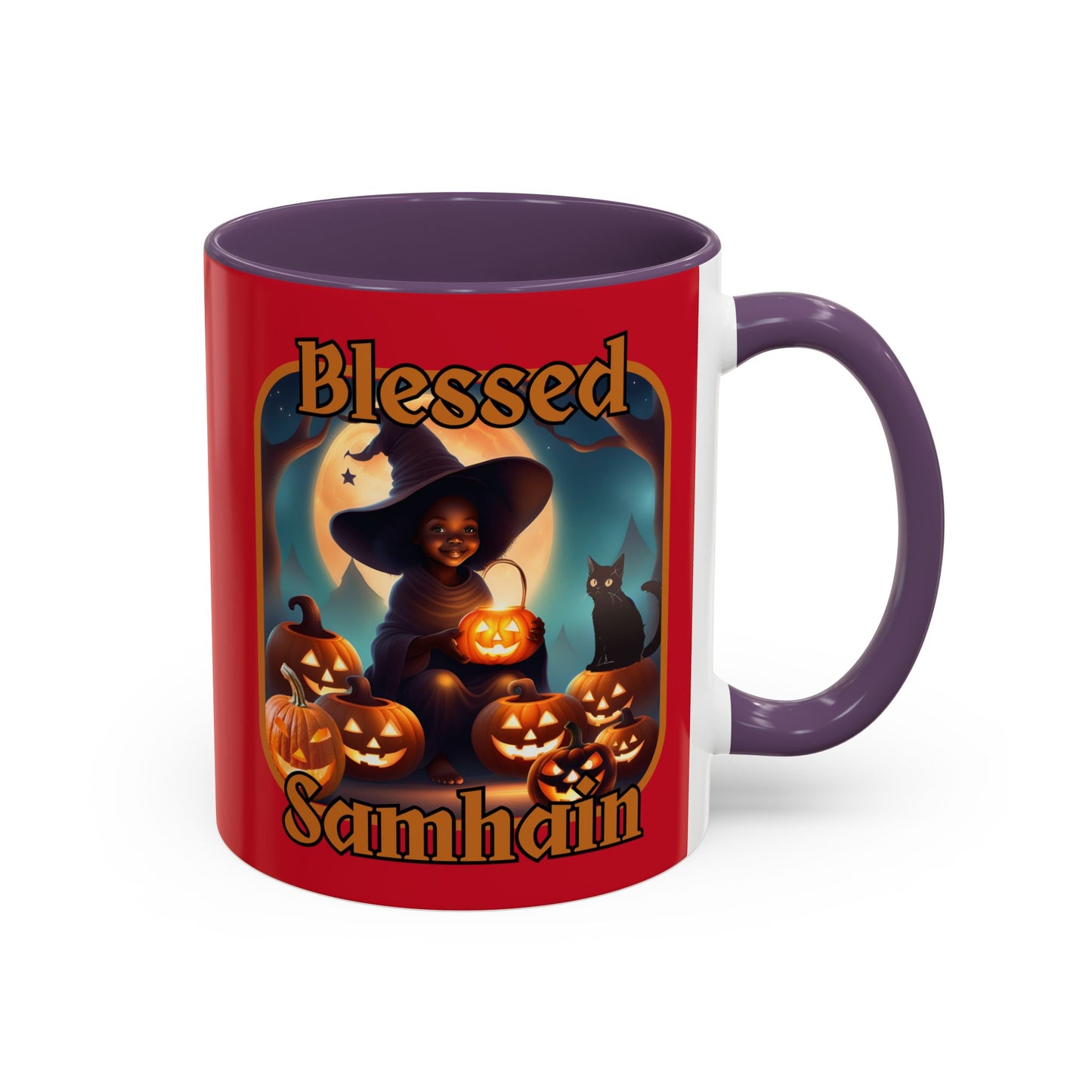 Blessed Samhain Cute Witch Orange font Red Accent Mug by CreepyCrafts.boo
