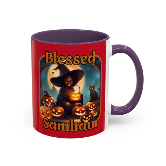 Blessed Samhain Cute Witch Orange font Red Accent Mug by CreepyCrafts.boo