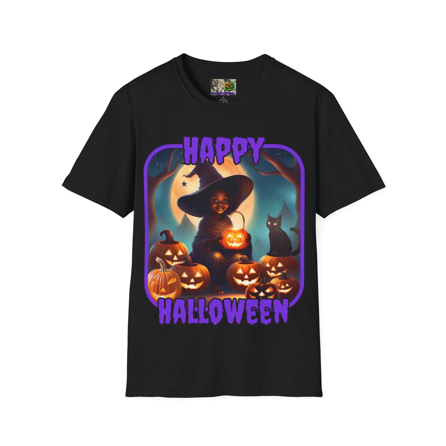 Happy Halloween Cute Witch Purple font Dark colors Unisex T-Shirt by CreepyCrafts.boo