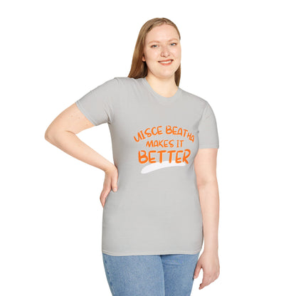 Uisce Beatha makes it better Orange font Light colors Unisex T-Shirt by cypherpunkgear.com