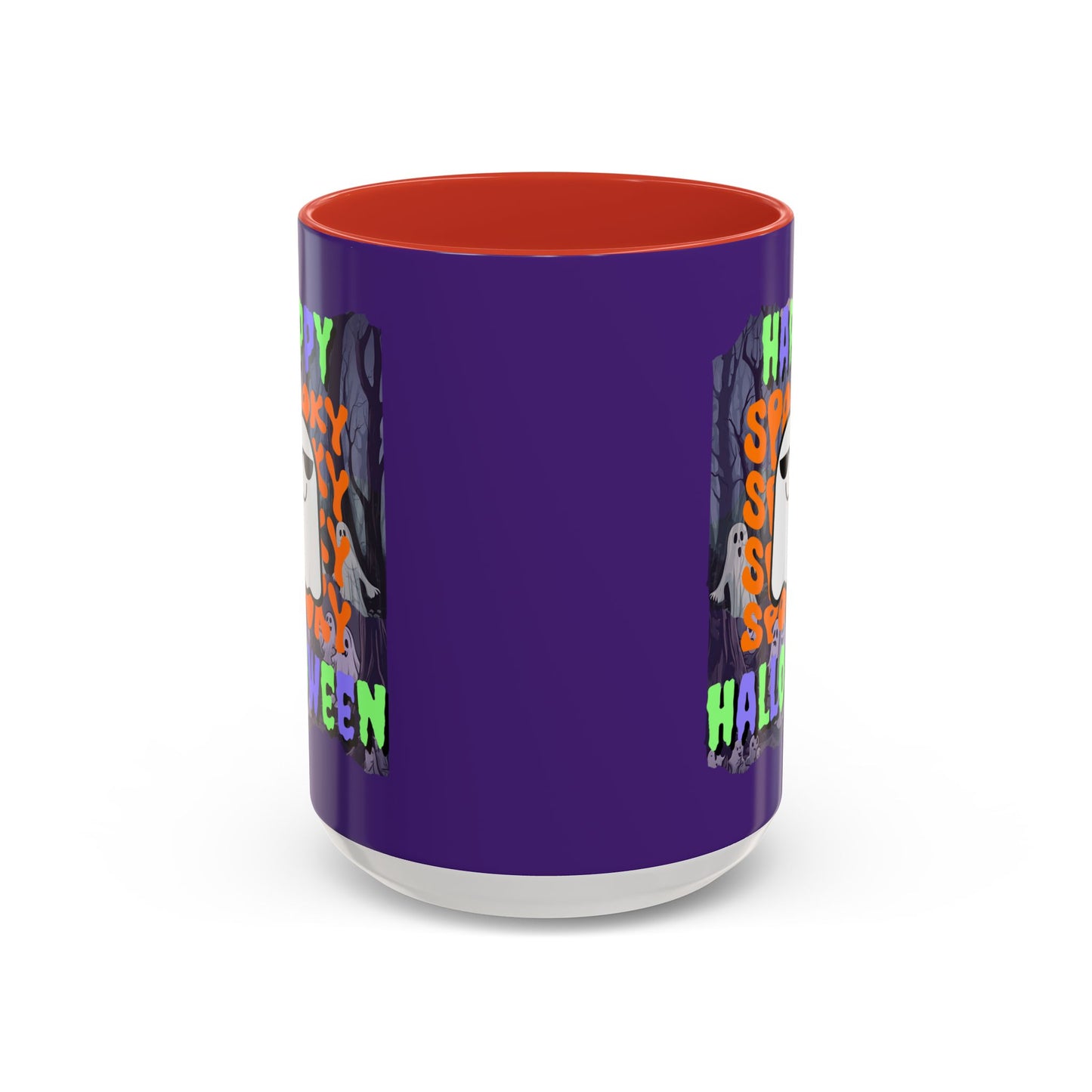 Spooky Happy Halloween Ghost Mixed font Purple Accent Mug by CreepyCrafts.boo