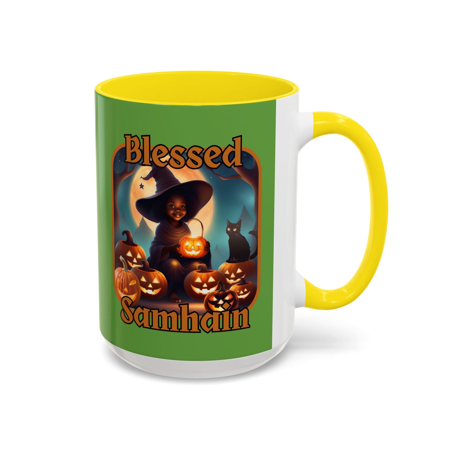 Blessed Samhain Cute Witch Orange font Green Accent Mug by CreepyCrafts.boo